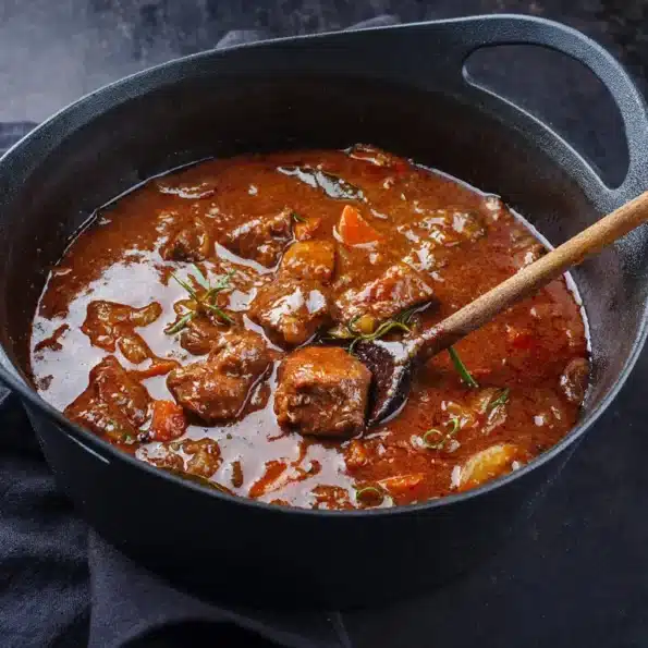 Ein Topf mit dampfendem Rindergulasch, zubereitet mit zarten Fleischstücken, Gemüse und Kräutern, in einer reichhaltigen Sauce.