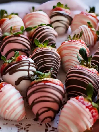 Erdbeeren mit weißer, dunkler und rosa Schokoladenglasur auf einem Spitzendeckchen