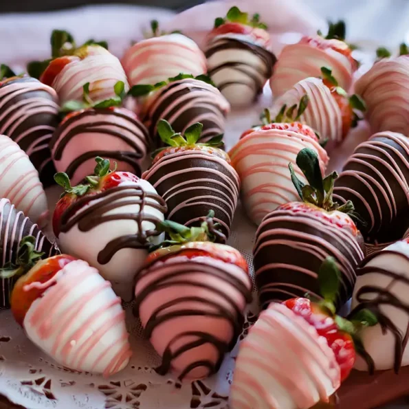 Erdbeeren mit weißer, dunkler und rosa Schokoladenglasur auf einem Spitzendeckchen