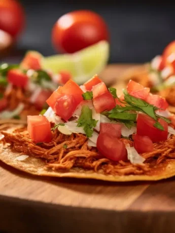 Tacos belegt mit gewürztem Hühnchen, frischen Tomaten, Koriander und Limette auf einem Holzteller.