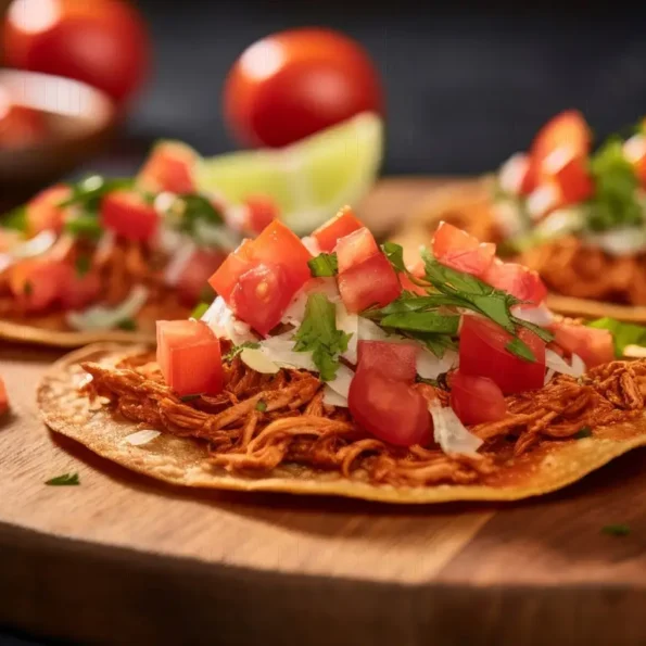 Tacos belegt mit gewürztem Hühnchen, frischen Tomaten, Koriander und Limette auf einem Holzteller.