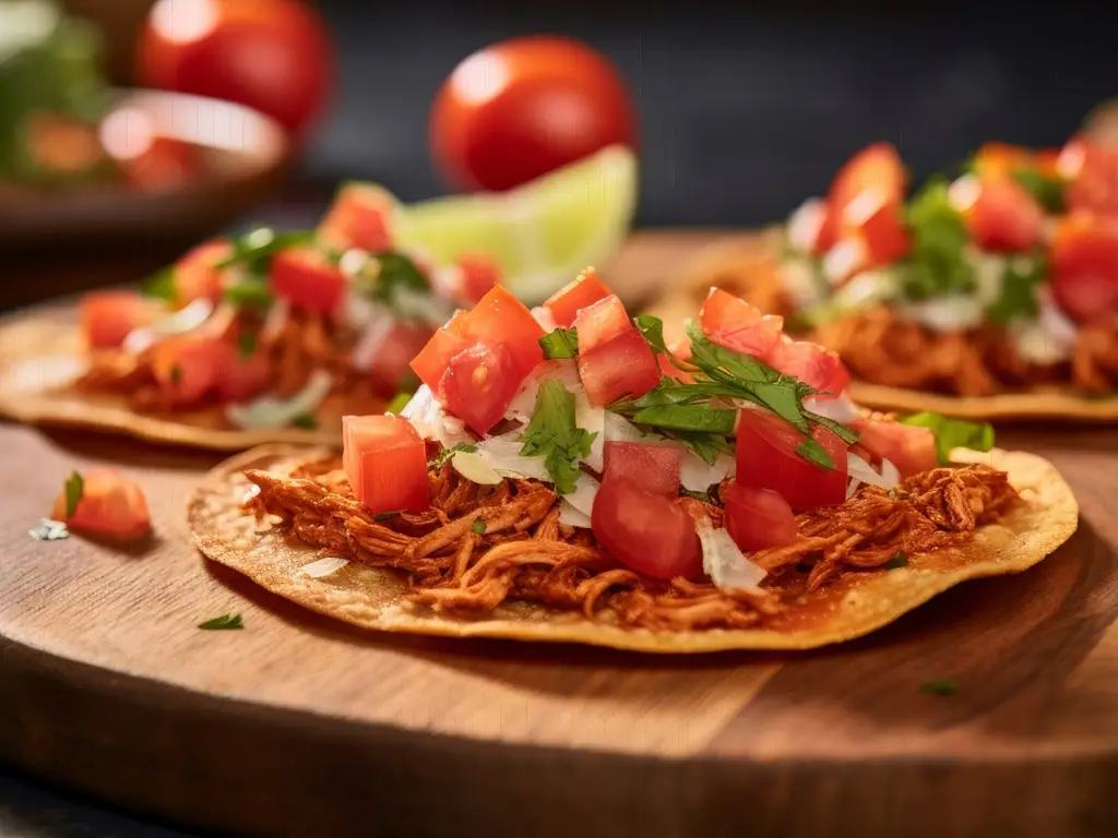 Tacos belegt mit gewürztem Hühnchen, frischen Tomaten, Koriander und Limette auf einem Holzteller.