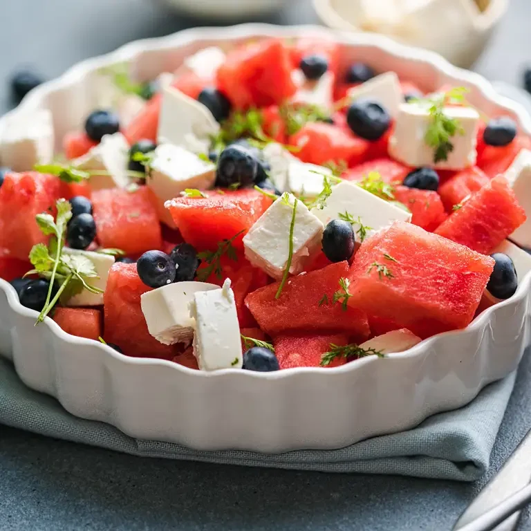 Eine Schale mit Wassermelonen-Feta-Salat, garniert mit Blaubeeren und frischen Kräutern.