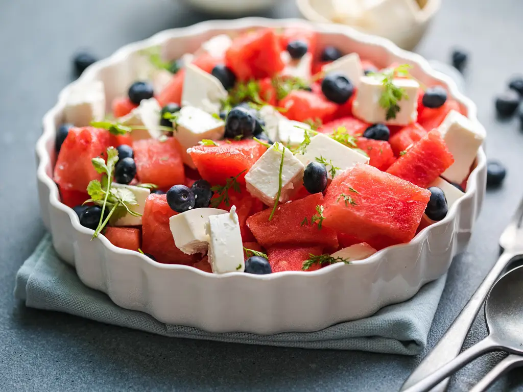 Eine Schale mit Wassermelonen-Feta-Salat, garniert mit Blaubeeren und frischen Kräutern.