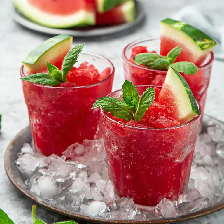 Drei Gläser mit Wassermelonen-Slush, garniert mit Minzblättern und Wassermelonenscheiben, serviert auf Eis.
